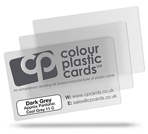 Dark grey - Approx Pantone: Cool Grey 11 - Note: Important wording printed with grey ink on a frosted plastic card may be hard to read