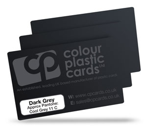 Dark grey - Approx Pantone: Cool Grey 11 - Note: Important wording printed with grey ink on a frosted plastic card may be hard to read