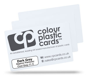 Dark grey - Approx Pantone: Cool Grey 11 - Note: Important wording printed with grey ink on a frosted plastic card may be hard to read